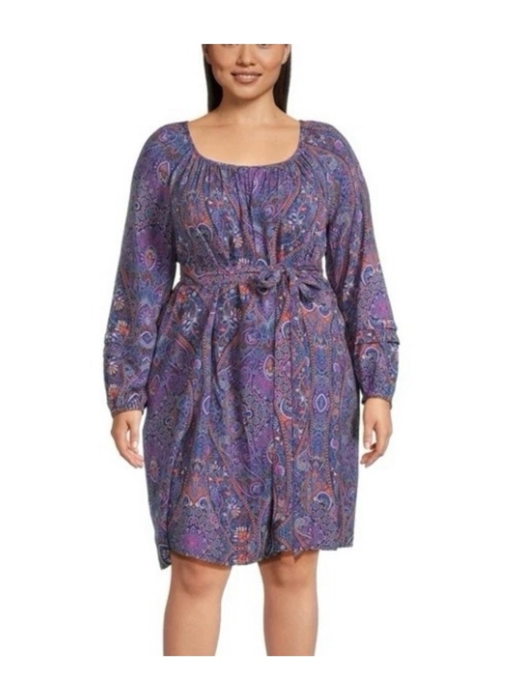 Terra & Sky Size 0X Purple Paisley Long-Sleeve Tie-Waist Shirred Boho Mini Dress